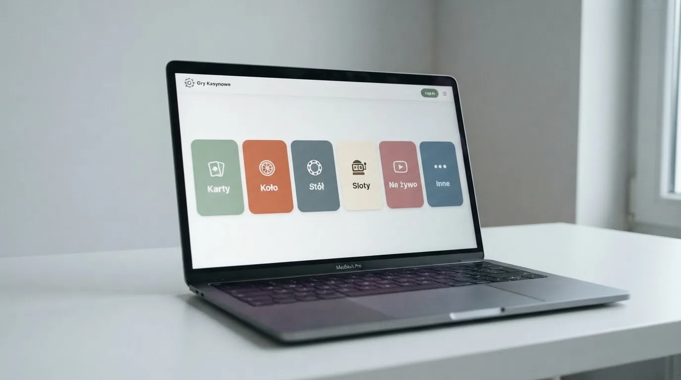 Ekran laptopa z prostym menu strony internetowej kasyna, na którym widać tylko kilka kategorii gier.